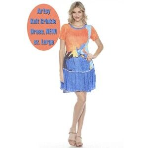 NEW Crinkle Knit Dress L by Carine Artsy Avant Garde Blue Orange Spring Summer